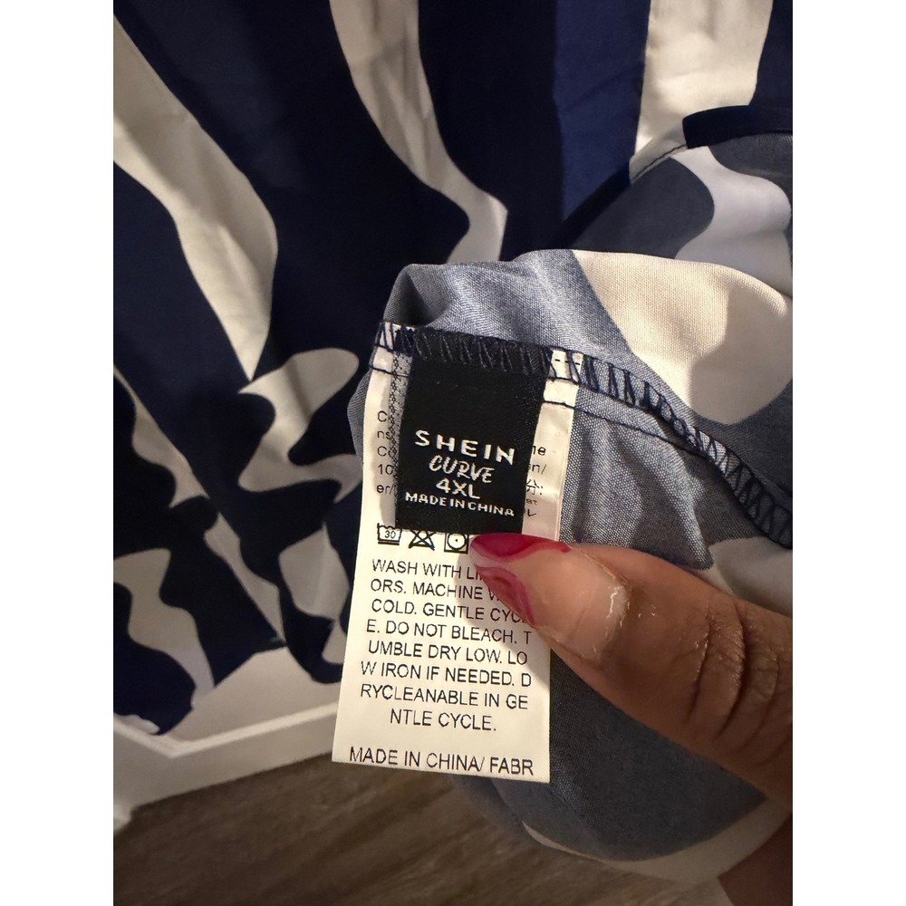 SHEIN Curve 4XL Navy Blue White Abstract Wave Tie Neck Sleeveless Shift Dress - Picture 5 of 7